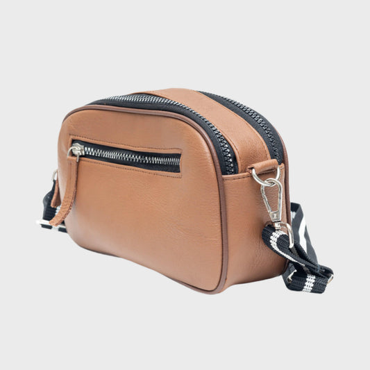 Leather Shoulder Bag – Stylish Crossbody Bag with Two Zippered Compartments & Adjustable Strap - Brown - LBN