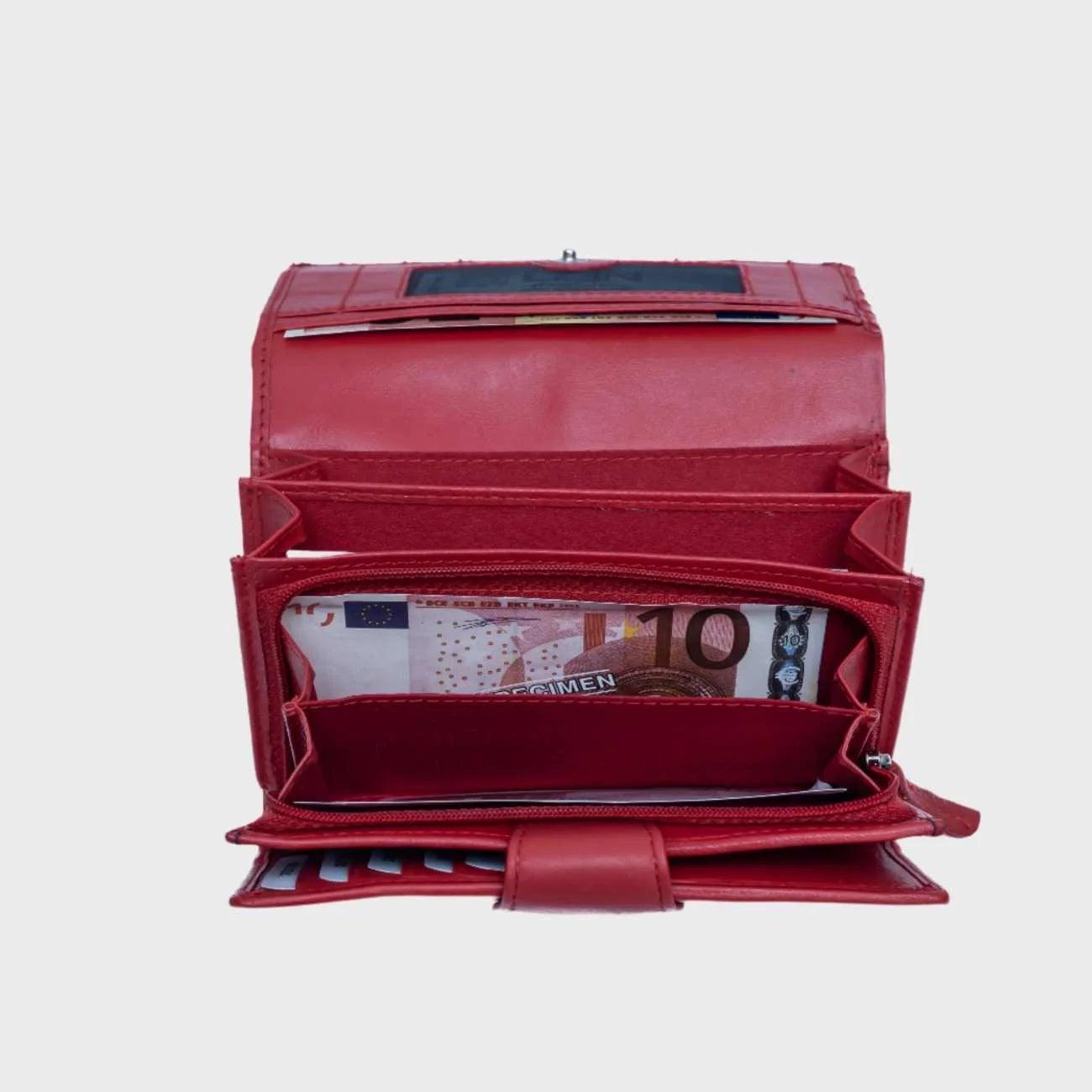 Bold Red Leather Wallet for women – RFID-Protected Bifold with 12 Card Slots & Stylish Stitch Design - Red - LBN