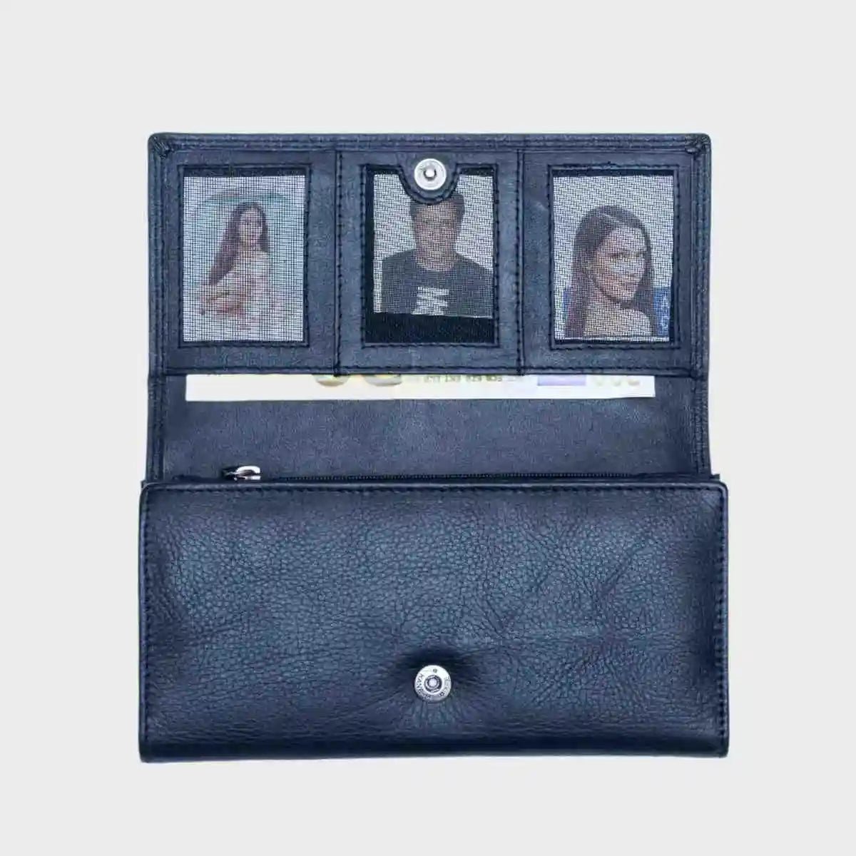 Classique Noir Leather Wallet for women – RFID-Protected Bifold with 16 Card Slots & Zippered Compartments - Black - LBN